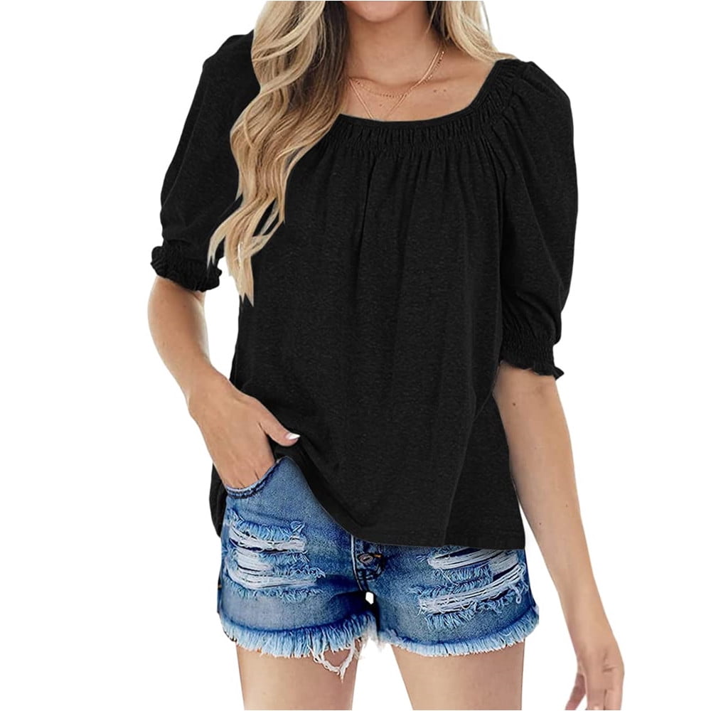 Square Neck Womens Casual Puff Half Sleeve Tops Pleated T Shirts ...