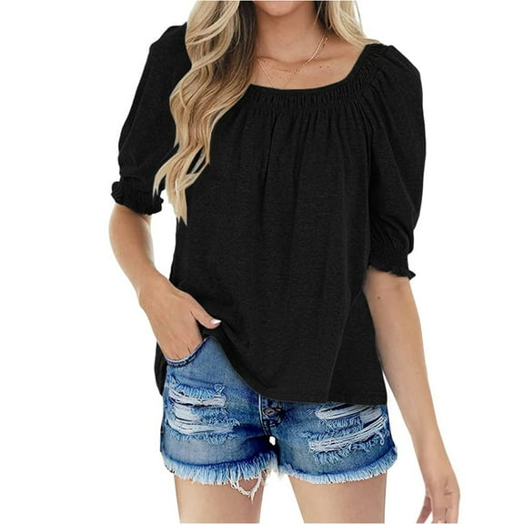 Square Neck Womens Casual Puff Half Sleeve Tops Pleated T Shirts