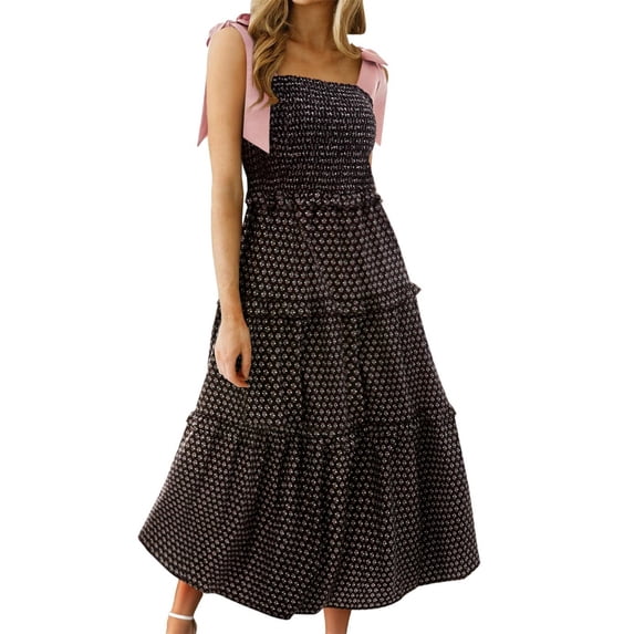 Square Neckline Women Floral Print Sleeveless Smock Long Ruffle Dress