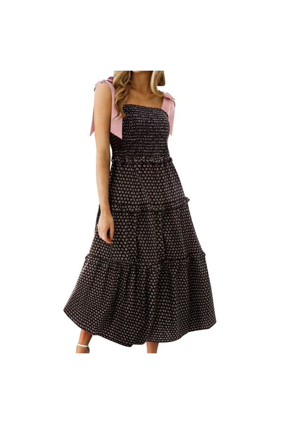 Square Neckline Women Floral Print Sleeveless Smock Long Ruffle Dress