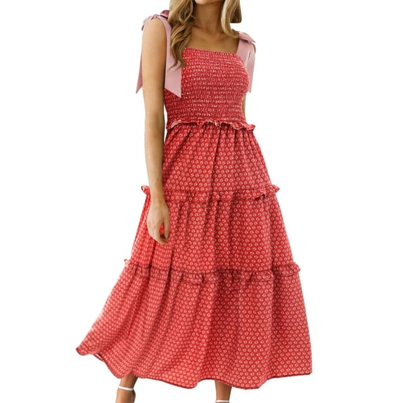 Square Neckline Women Floral Print Sleeveless Smock Long Ruffle Dress