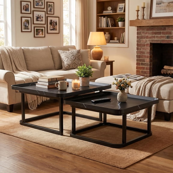 Square Nesting Coffee Table Set of 2 - 23.6" & 19.7" Center Table with Raised Edge for Living Room, Bedroom, Office