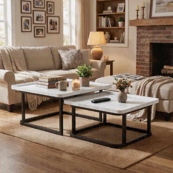 Square Nesting Coffee Table Set of 2 - 23.6" & 19.7" Center Table with Raised Edge for Living Room, Bedroom, Office,Space-Saving