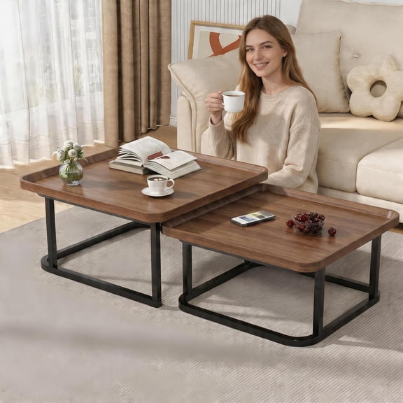 Square Nesting Coffee Table Set of 2 - 23.6" & 19.7" Center Table with Raised Edge for Living Room, Bedroom, Office