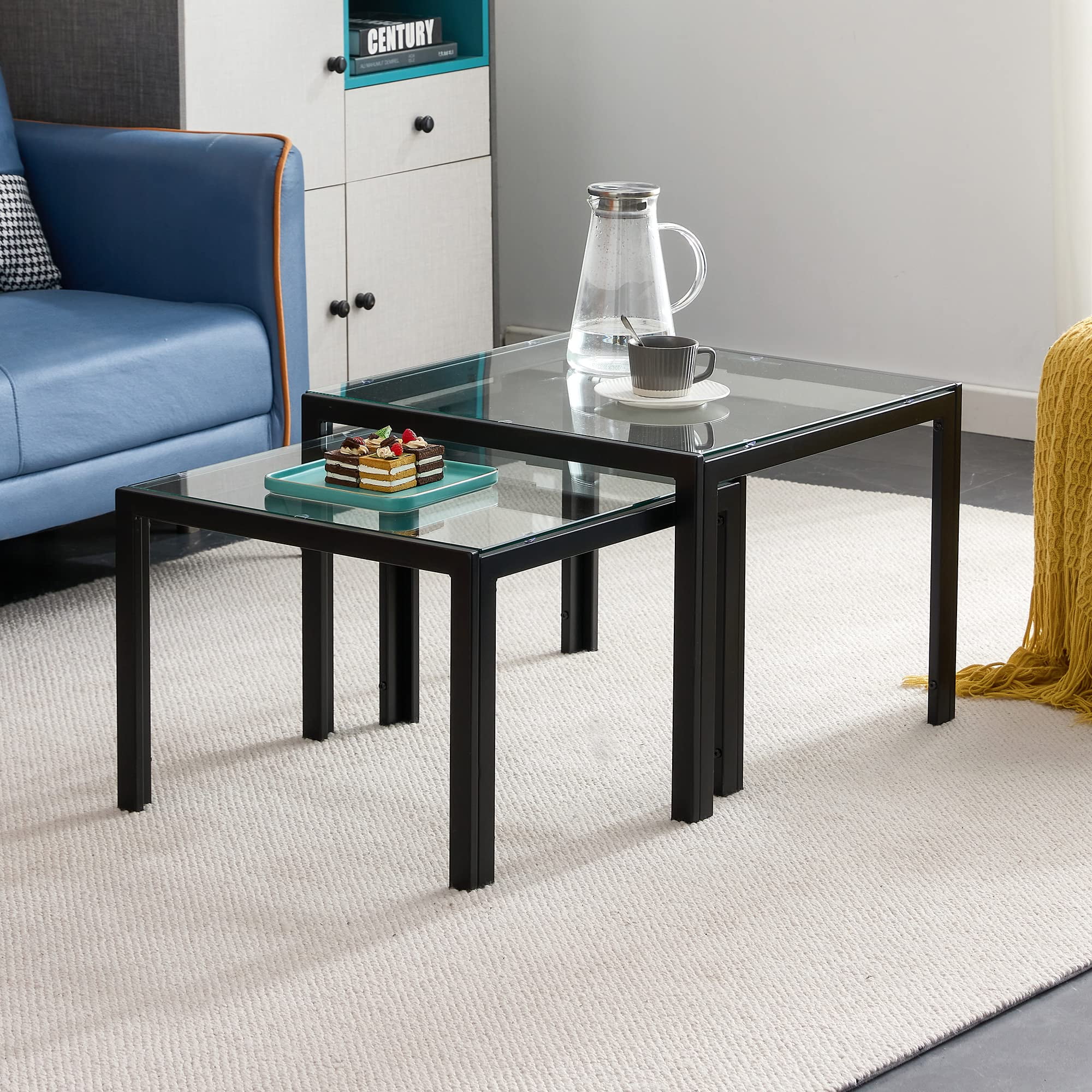 Square Nesting Coffee Table Set of 2, Small Nesting Tables for Living Room with Tempered Glass