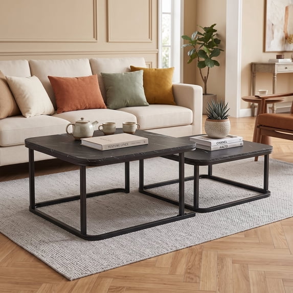 Square Nesting Coffee Table Set of 2 with Faux Marble Top and Metal Frame, Coffee Table Set, Suitable for Living Rooms, Apartments,Black