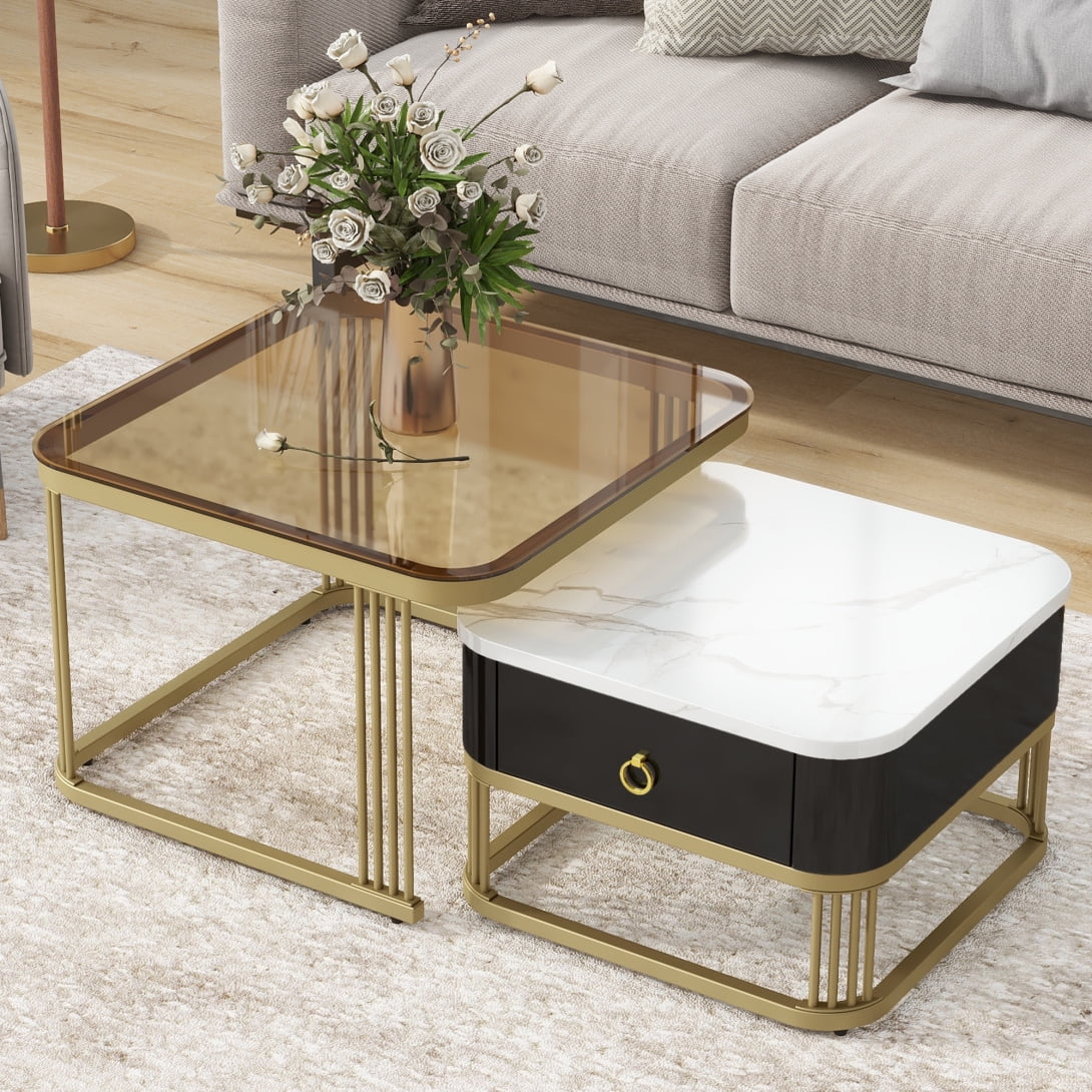 Square Nesting Coffee Tables Set of 2, Small Coffee Table with Drawer ...