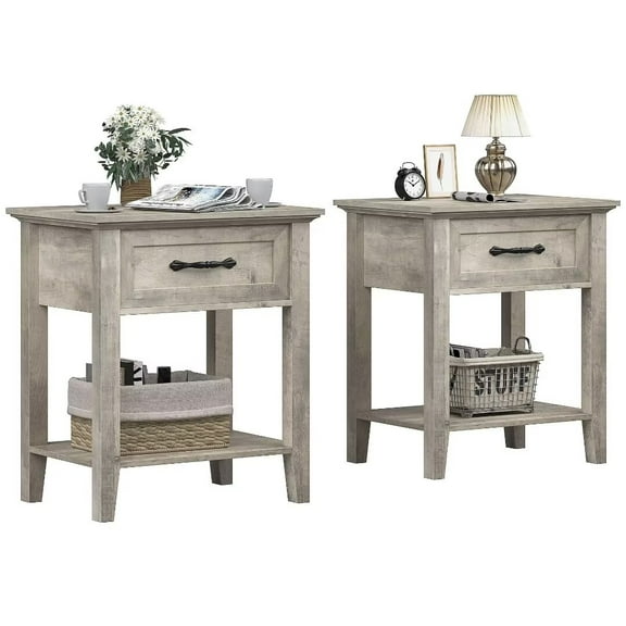 Square Nightstand Set of 2, Bedside End Table with Storage Drawer for Bedroom Living Room Nursery, Easy Assembly, Grey