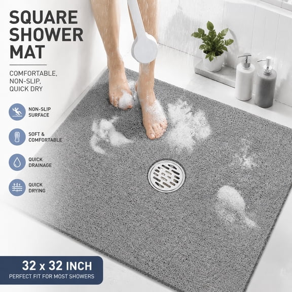 Square Non Slip Shower Mat 24x24 Inch, Soft PVC Loofah Bath Mat with Drain Holes, Quick Drying Tub Floor Mat, Bathroom Accessory Grey