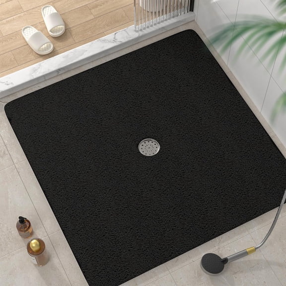 Square Non Slip Shower Mat 40 x 40 Inch with Drain Holes Quick Drying PVC Loofah Texture Black