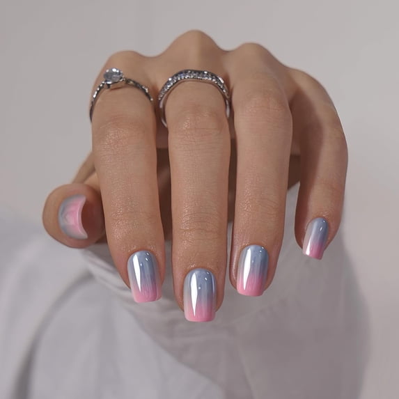 Square Ombre Press On Nails - Soft Gel Press On Nails Short with Nail Glue, Reusable Fake Nails Kit, Vanilla Cream & Mermaid