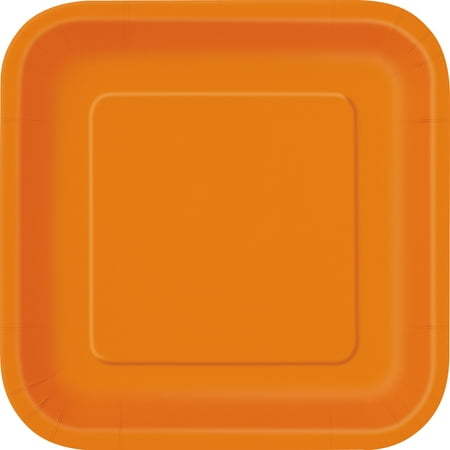 Square Orange Paper Dinner Plates, 9in, 14ct