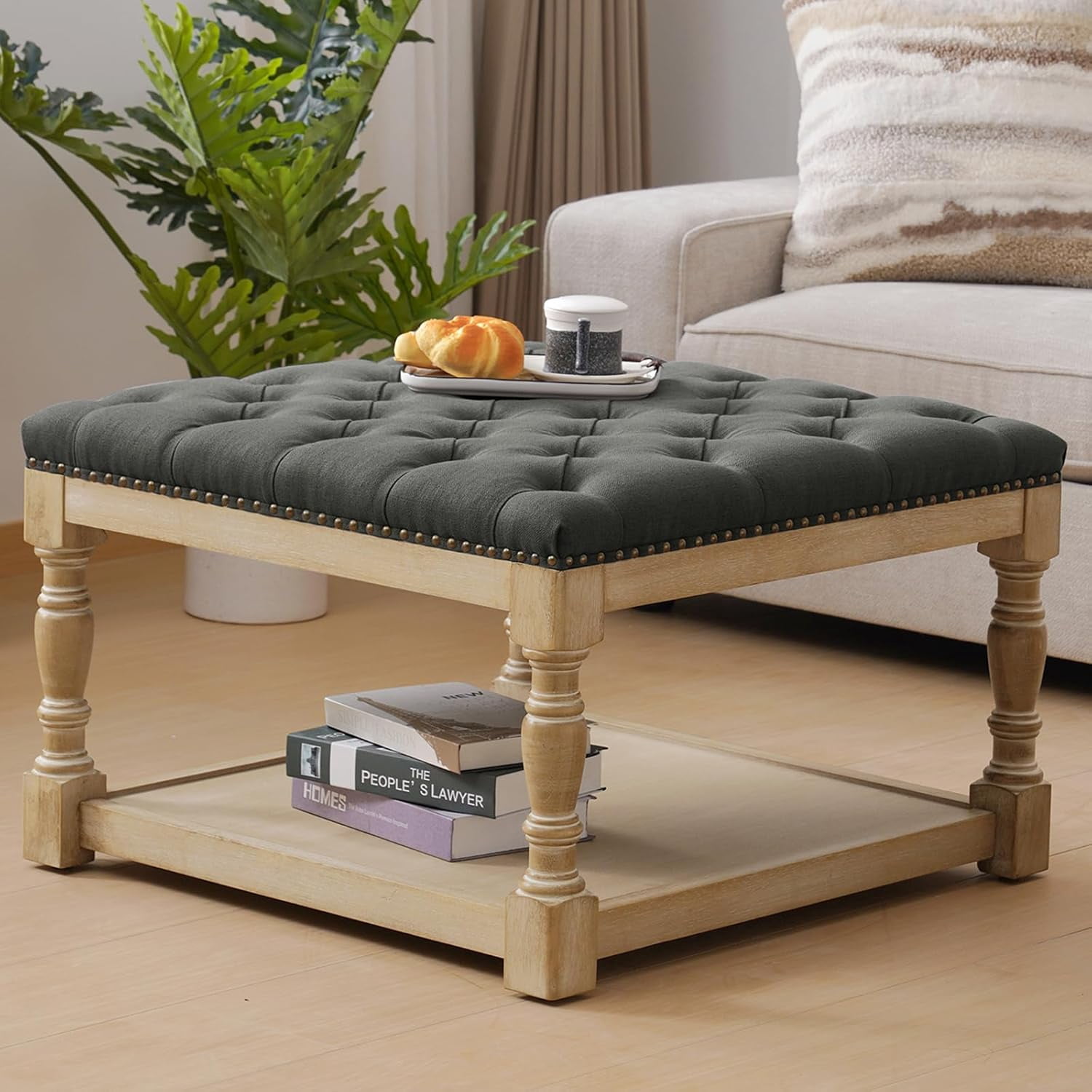 Square Ottoman Coffee Tables for Living Room Linen Button Tufted ...