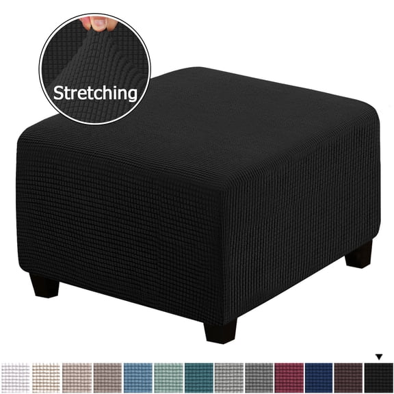 Square Ottoman Covers Ottoman Slipcovers Folding Storage Stool Furniture Protector Form Fit with Elastic Bottom, Stretch High Spandex Small Checks Jacquard Fabric Black L 27"- 30"