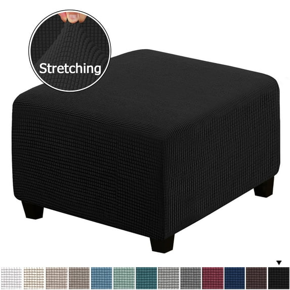 Square Ottoman Covers Ottoman Slipcovers Folding Storage Stool Furniture Protector Form Fit with Elastic Bottom, Stretch High Spandex Small Checks Jacquard Fabric Black XL 35"- 44"