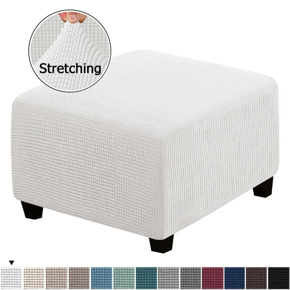 Square Ottoman Covers Ottoman Slipcovers Folding Storage Stool Furniture Protector Form Fit with Elastic Bottom, Stretch High Spandex Small Checks Jacquard Fabric White M 17"-22"
