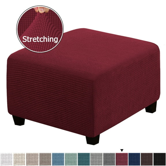 Square Ottoman Covers Ottoman Slipcovers Folding Storage Stool Furniture Protector Form Fit with Elastic Bottom, Stretch High Spandex Small Checks Jacquard Fabric Wine Red S 13"- 17"