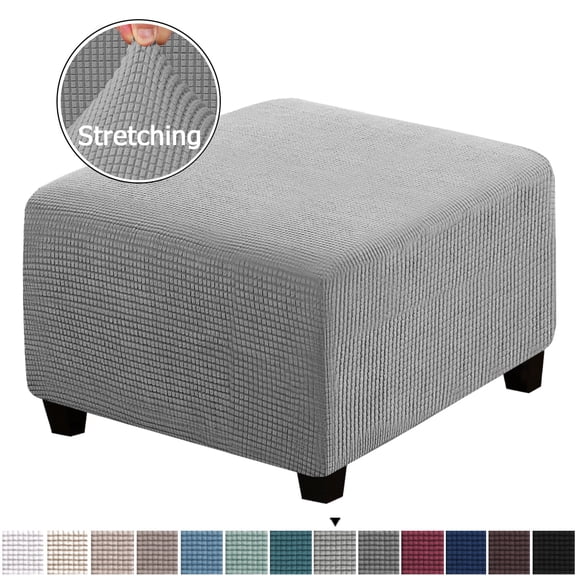 Square Ottoman Covers Ottoman Slipcovers Folding Storage Stool Furniture Protector Form Fit with Elastic Bottom, Stretch High Spandex Small Checks Jacquard Fabric Light Gray S 13"- 17"