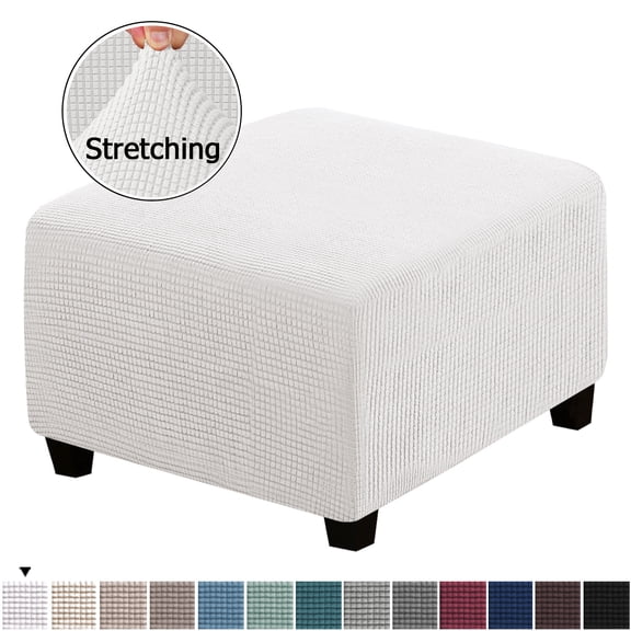 Square Ottoman Covers Ottoman Slipcovers Folding Storage Stool Furniture Protector Form Fit with Elastic Bottom, Stretch High Spandex Small Checks Jacquard Fabric White S 13"- 17"
