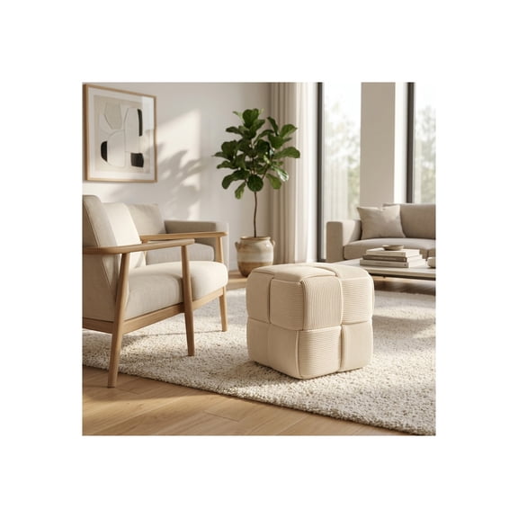 Square Ottoman for Home Decor and Vanity Chair Use - Living Room Furniture Display with Pine Wood Base for Accent Seating - Foot Rest Ottoman for Bedroom and Multi-Use Stool - 15", Ivory & White