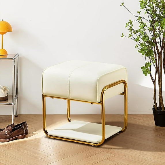Square Ottoman Stool with Gold Metal Frame, Upholstered Leather Vanity Chair, Modern Makeup Chair, Footstools with Bottom Shelf, Padded Seat for Bedroom Living Room, Beige