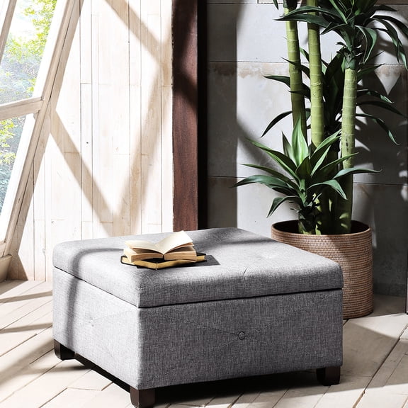 Square Ottoman with Storage | Soft Close Lid, Store Blankets and More | Solid Wood and Plywood Construction, Polyester Fabric | Button-Tufted for an Elegant Touch