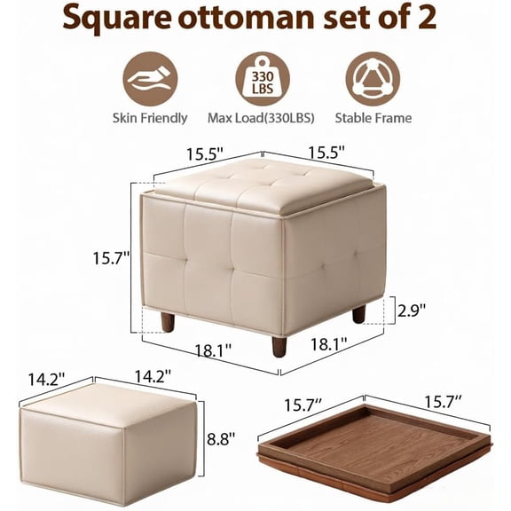 Square Ottoman with Storage Set of 2, Faux Leather Coffee Table Stool for Living Room Bedroom