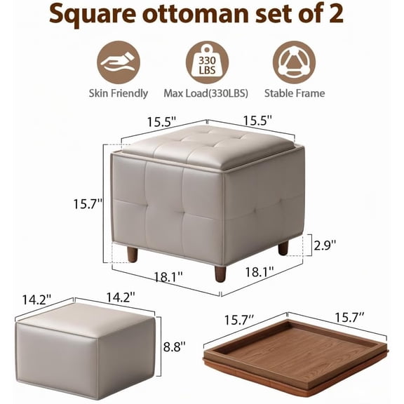 Square Ottoman with Storage Set of 2, Leather Coffee Table Ottoman, Multifunctional Foot Rest Stool