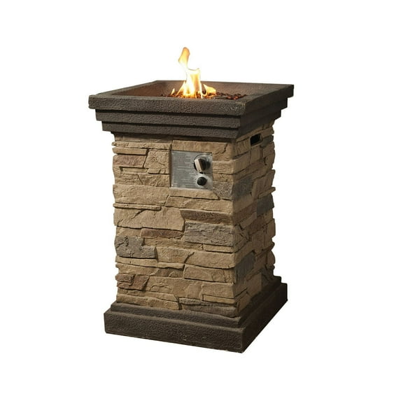 Square Outdoor Gas Fire Pit with Lava Rocks and Stone Cladding, Brown- Saltoro Sherpi