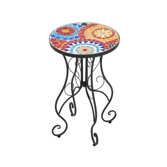 Square Outdoor Side End Table, Distressed Colorful Floral Ceramic Tile Tabletop, Matte Black Curved Powder Coated Iron Frame with Adjustable Leveling Feet, Indoor & Patio Accent Table