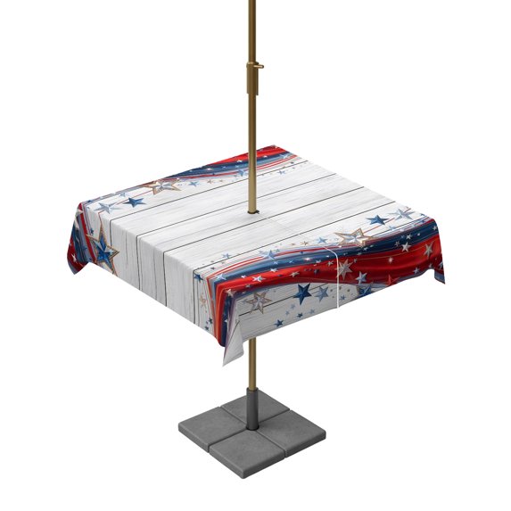Square Outdoor Tablecloth with Umbrella Hole 250 Anniversary Outside Table Cloth Waterproof Patio Table Cover 4th of July Blue Red Striped Gray Wooden Zipper Tablecloths for Picnic Camping 60x60 Inch