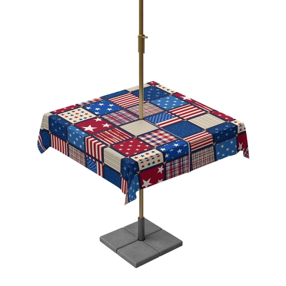 Square Outdoor Tablecloth with Umbrella Hole 250 Anniversary Outside Table Cloth Waterproof Patio Table Cover 4th of July Blue Red Striped Patchwork Zipper Tablecloths for Picnic Camping 54x54 Inch