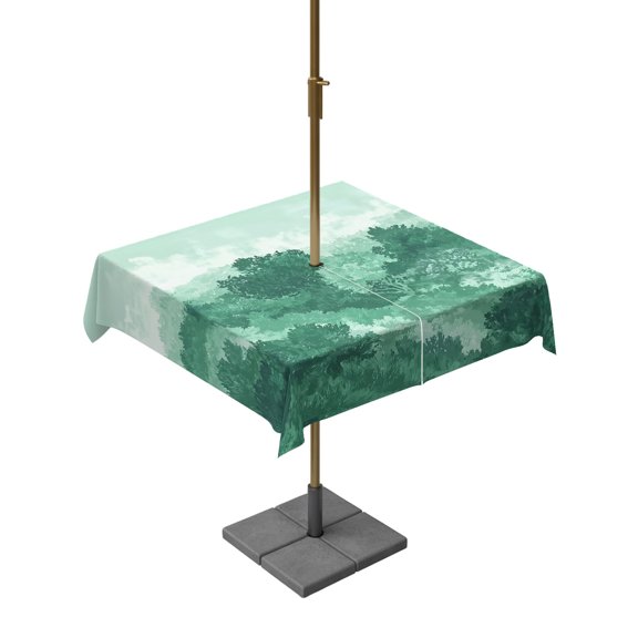 Square Outdoor Tablecloth with Umbrella Hole Abstract Pine Trees Table Cloth Waterproof Patio Table Cover Mint Green Forest Fogged Mist Modern Zen Zipper Tablecloths for Picnic Camping 60x60 Inch