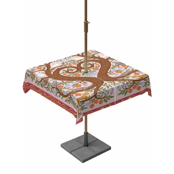 Square Outdoor Tablecloth with Umbrella Hole Abstract Tree Branches Table Cloth Waterproof Patio Table Cover Modern Ethnic Bohemia Botanical Red Zipper Tablecloths for Picnic Camping 60x60 Inch