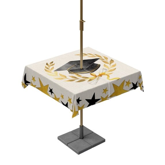 Square Outdoor Tablecloth with Umbrella Hole Academic Cap Diploma Outside Table Cloth Waterproof Patio Table Cover Modern Graduation Star Burlap Zipper Tablecloths for Picnic Party Camping 54x54 Inch