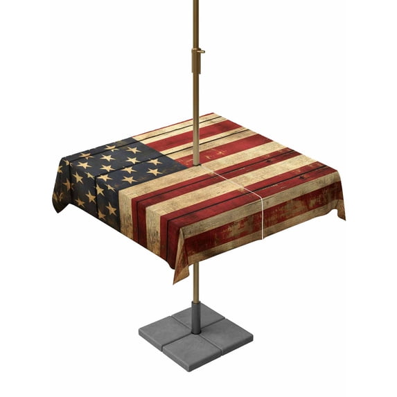 Square Outdoor Tablecloth with Umbrella Hole American Flag Outside Table Cloth Waterproof Patio Table Cover Retro USA Flag Blue Red Vintage Wooden Zipper Tablecloths for Picnic Camping 54x54 Inch