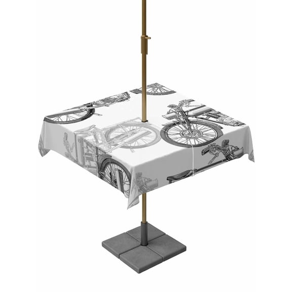 Square Outdoor Tablecloth with Umbrella Hole Black White Motorcycles Outside Table Cloth Waterproof Patio Table Cover Modern Hand-Painted Vehicles Zipper Tablecloths for Picnic Camping 60x60 Inch