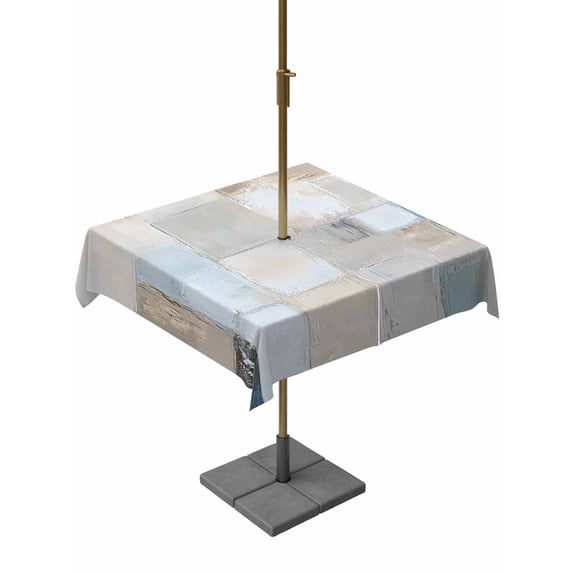 Square Outdoor Tablecloth with Umbrella Hole Blue Beige Color Blocks Outside Table Cloth Waterproof Patio Table Cover Abstract Oil Painting Geometric Zipper Tablecloths for Picnic Camping 60x60 Inch