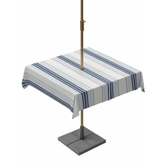Square Outdoor Tablecloth with Umbrella Hole Blue Beige Outside Table Cloth Waterproof Patio Table Cover Modern Abstract Gradient Vertical Stripes Zipper Tablecloths for Picnic Camping 60x60 Inch