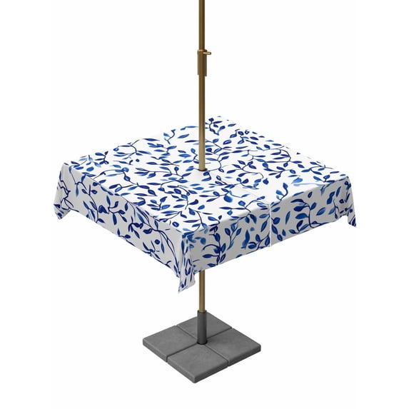 Square Outdoor Tablecloth with Umbrella Hole Blue Botanical Outside Table Cloth Waterproof Patio Table Cover Spring Summer Leaf Watercolor Zipper Tablecloths for Picnic Party Camping 54x54 Inch