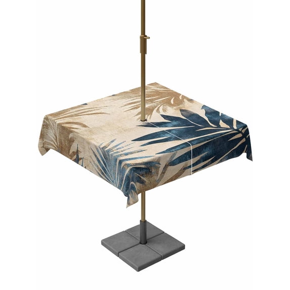 Square Outdoor Tablecloth with Umbrella Hole Blue Brown Palm Leaf Outside Table Cloth Waterproof Patio Table Cover Summer Botanical Vintage Zipper Tablecloths for Picnic Party Camping 54x54 Inch