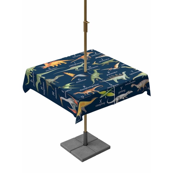 Square Outdoor Tablecloth with Umbrella Hole Blue Dinosaur Outside Table Cloth Waterproof Patio Table Cover Vintage Letters Farm Animals Zipper Tablecloths for Picnic Party Camping 60x60 Inch