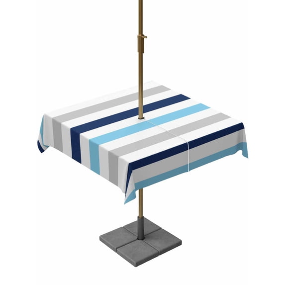 Square Outdoor Tablecloth with Umbrella Hole Blue Grey Striped Outside Table Cloth Waterproof Patio Table Cover Farmhouse Stripes Simple Art Zipper Tablecloths for Picnic Party Camping 60x60 Inch