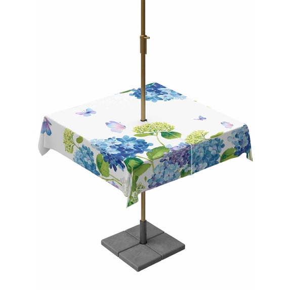 Square Outdoor Tablecloth with Umbrella Hole Blue Hydrangea Outside Table Cloth Waterproof Patio Table Cover Farmhouse Butterfly Spring Floral Zipper Tablecloths for Picnic Party Camping 60x60 Inch