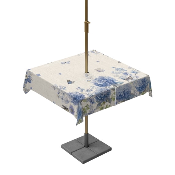 Square Outdoor Tablecloth with Umbrella Hole Blue Hydrangea Outside Table Cloth Waterproof Patio Table Cover Farmhouse Floral Butterflies Rustic Beige Zipper Tablecloths for Picnic Camping 60x60 Inch