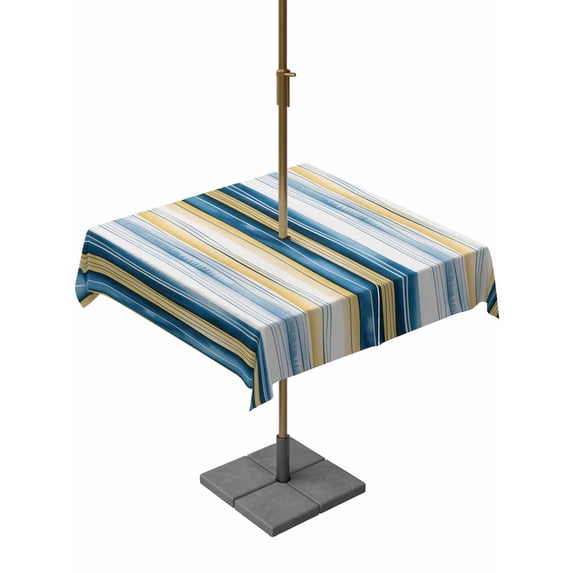 Square Outdoor Tablecloth with Umbrella Hole Blue Yellow Striped Outside Table Cloth Waterproof Patio Table Cover Modern Stripes Art Watercolor Zipper Tablecloths for Picnic Party Camping 60x60 Inch