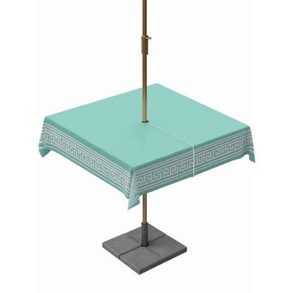 Square Outdoor Tablecloth with Umbrella Hole Bluish Green Greek Key Outside Table Cloth Waterproof Patio Table Cover Geometric Greece Ancient Farmhouse Geo Zipper Tablecloths for Picnic 60x60 Inch