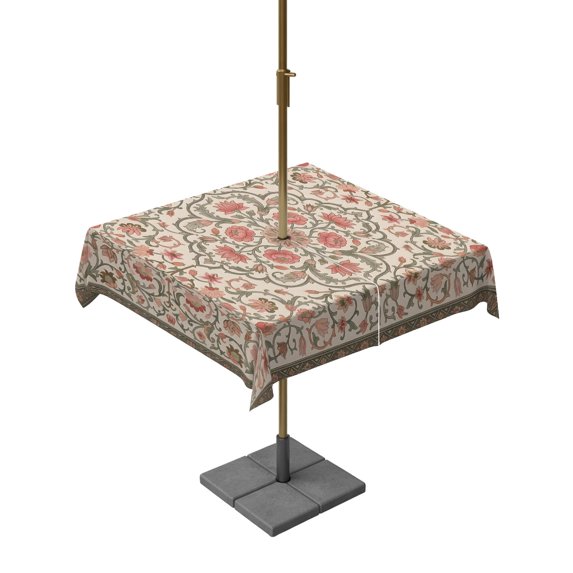 Square Outdoor Tablecloth with Umbrella Hole Bohemia Outside Table Cloth Waterproof Patio Table Cover Retro Farmhouse Ethnic Flowers Pattern Boho Zipper Tablecloths for Picnic Camping 54x54 Inch