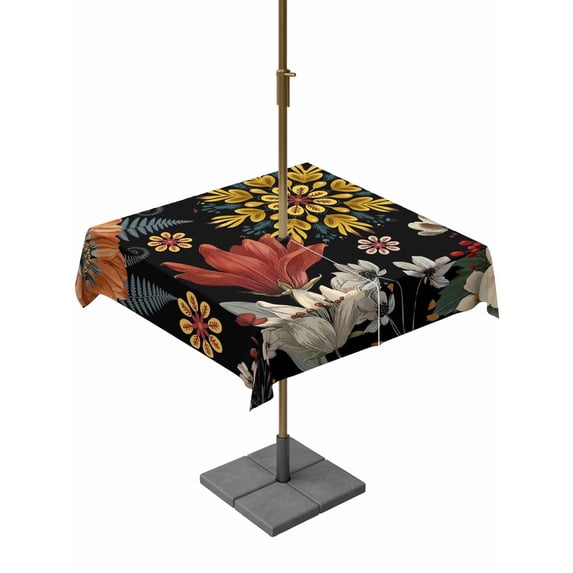 Square Outdoor Tablecloth with Umbrella Hole Bohemia Outside Table Cloth Waterproof Patio Table Cover Vintage Boho Floral Flowers Leaves Plants Black Zipper Tablecloths for Picnic Camping 54x54 Inch