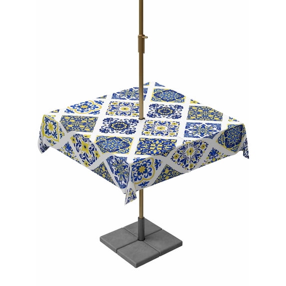 Square Outdoor Tablecloth with Umbrella Hole Bohemia Style Outside Table Cloth Waterproof Patio Table Cover Abstract Middle Century Aztec Pattern Blue Zipper Tablecloths for Picnic Camping 54x54 Inch